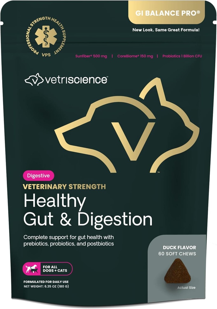 VetriScience Veterinary Strength Sund Gut & Fordøjelse - Pet fordøjelig sundhed supplement til katte & hunde - Gut sundhed & immunforsvar - funktioner Probiotika, Prebiotika & Postbiotika - 60 Greve