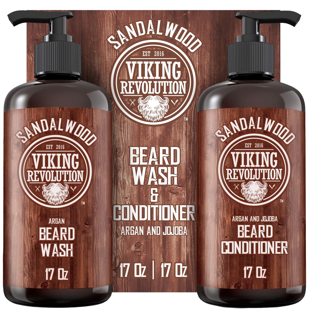 Viking Revolution Beard Wash & Beard Balsam set with Argan & Jojoba Oils - Softens and Consolides - Natural Sandalwood Scent - Barbă Shampoo with Beard Oil (17 oz)