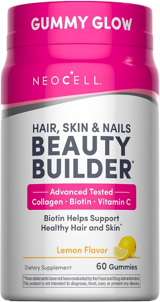 NeoCell Hair, Skin and Nails Beauty Builder with Collageen, Biotin and Vitamin C, Includes Antioxidants, Gummy, Lemon, 60 Telling, 1 Fles