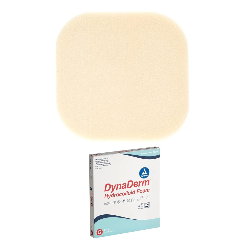 Dynarex DynaDerm Hydrocoloid Dressings, Sterilné Moist Bandáže používané pre všetky druhy rán, 4" x 4," pena a bez latexu, peel-down patches - 1 krabica s 5 obväzmi