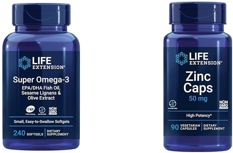 Life Extension Super Omega-3 EPA/DHA Fish Oil, Seesamin Lignans & Olive Extract - Omega 3 Supplement & Sinkin Caps, sinkki 50 mg, sinkki Citrate, Tuki kehon immuunipuolustus