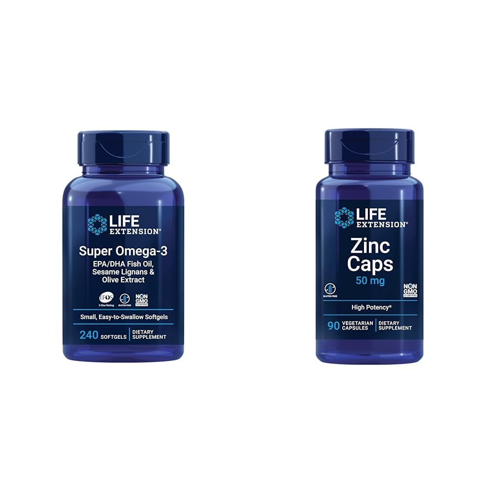 Life Extension Super Omega-3 EPA/DHA Fish Oil, Sesame Lignans & Olive Extract - Omega 3 Supplement & Zinc Caps, zinc 50 mg, zinc Citrate, Support The Body's Immune defenses