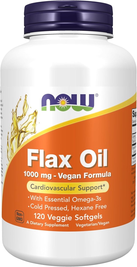 NOW Foods Supplements, Flax Oil 1000 mg z Essential Omega-3s, hladno, Hexane Free, Vegan Formula, 120 Veg Softgels
