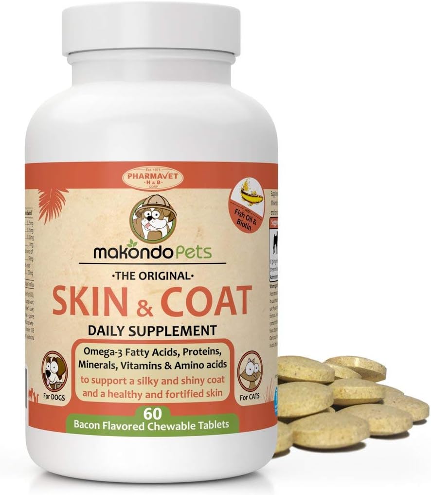 Kožní a coat dodatek s Fish Oil a Omega 3 pro psy a kočky - Dog Itch Relief Pet dodatek pro svlékání, suché svědění kůže a alergie - Psí alergie Léčba Vitamíny (60 Tabs)