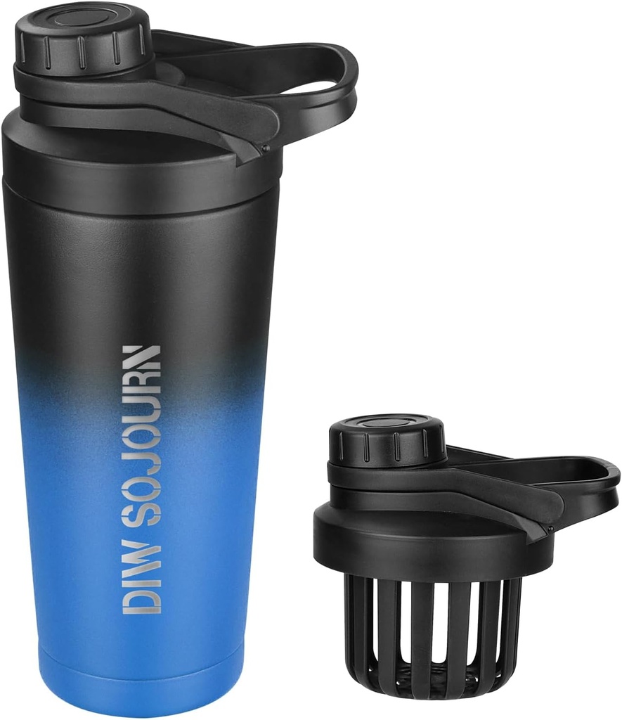 DIW 24 oz Shaker láhev, nerezová ocel Mix láhev s Noise- Free Design, Izolovaný kovový Shaker Cup pro proteinové směsi a Pre Workout, Gym Cup Shaker (Black & Blue)