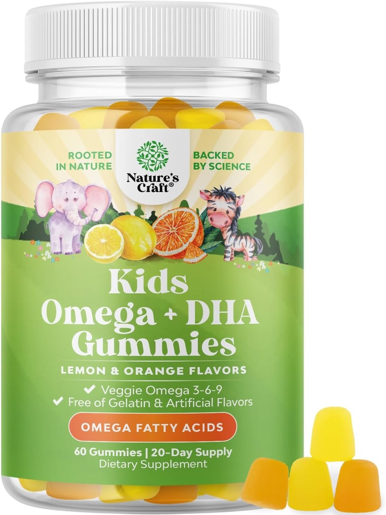 Kids DHA Omega 3 Gumijas - Taukskābes Omega 3 6 9 smadzenēm, Imūnstiprība un redze - Uztura DHA bērniem veselīgas nervu sistēmas un fokusa atbalsts - Bez zivīm, Vegan & Non-GMO - 60 Chews