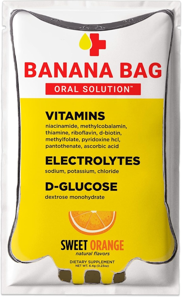 Banana Bag Oral Solution Recovery Packets – Sweet Orange 15pk | A Refreshing Blend of Electrolytes, Vitamin C, and B-Complex for Hydration and Energy. Convenient, Easy-to-Mix, and Perfect for Any Lifestyle.