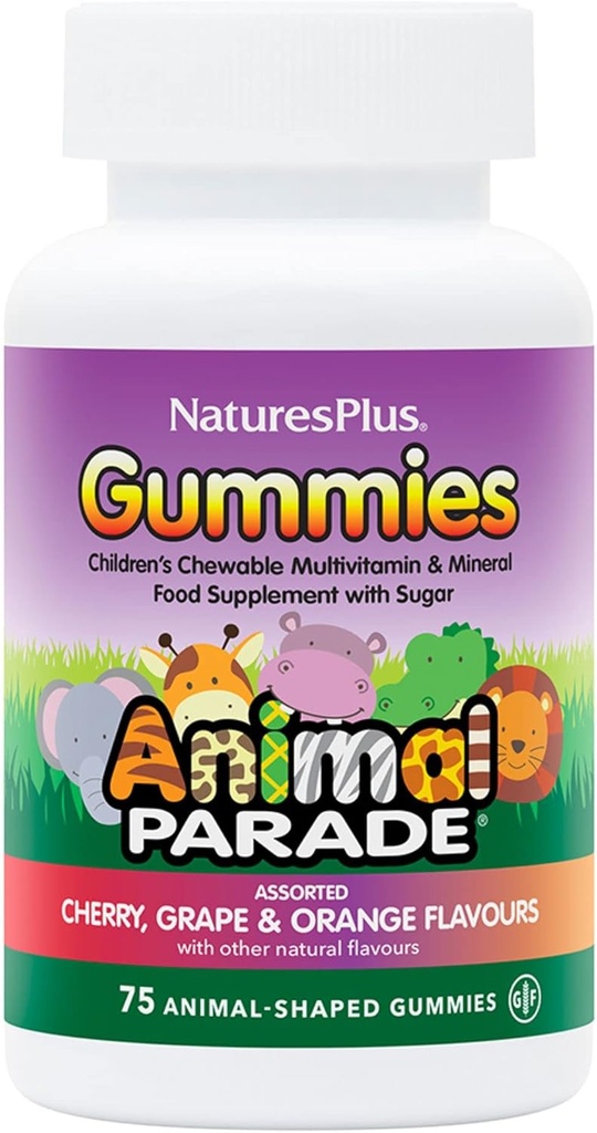 NaturesPlus Animal Parade Source of Life Gummies - Natural Orange, Grape and Cherry Flavors - 75 Animal Shaped Gummies - Whole Food Kid's Multivitamin - Gluten-Free - 37 Zerbitzu