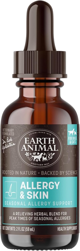 Earth Animal Apothecary Liquid Supplement - Alergia a kožné bylinné prostriedky pre psy a mačky - 2 fl oz
