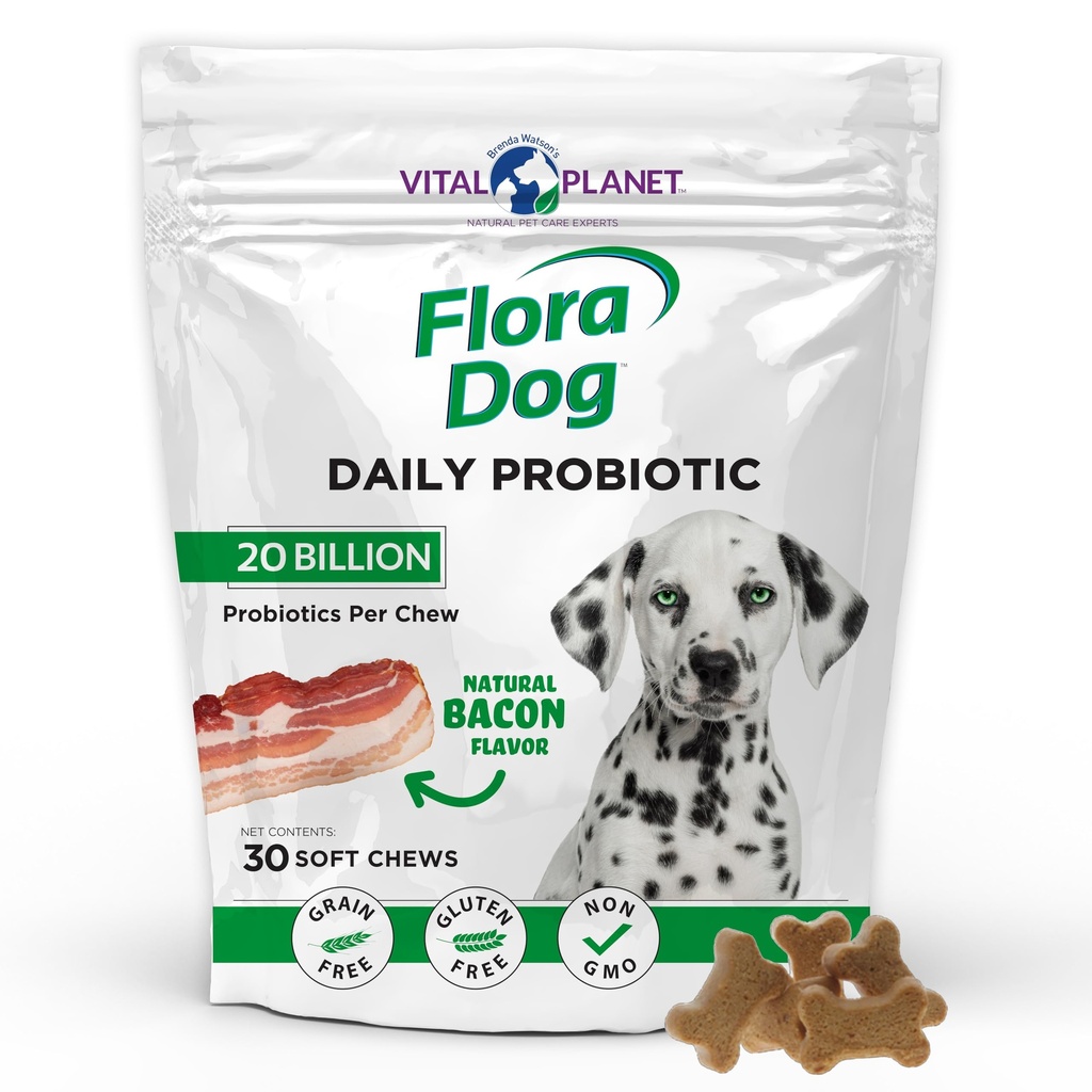 Vital Planet - Flora Dog Probiotics, Dog Chews Supplement with 20 Billion Cultures and 11 Strains, Immune and Digestive Support Chewable Probiotics for Dogs, 30 Natural Bacon Flavored Soft Chews