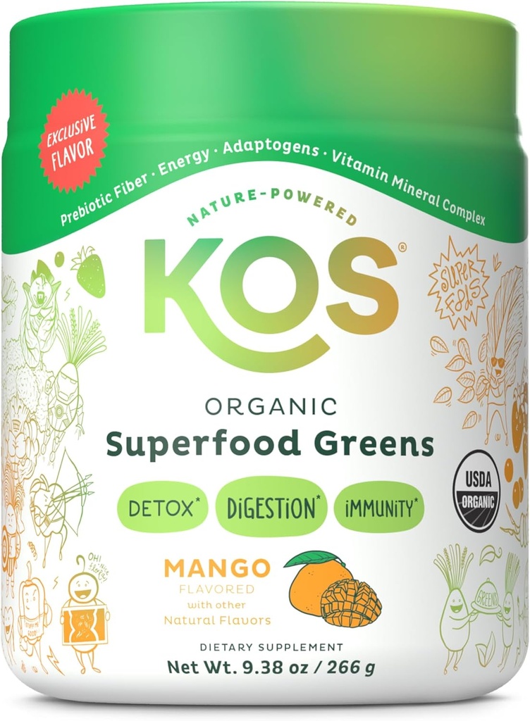 Kos Organic Superfood Green Powder - Gut Health from Prebiotic Fiber, Supergreens and Adaptogens - USDA Certified Organic, Made in a GMP Certified Facility - 28 Servings Mango
