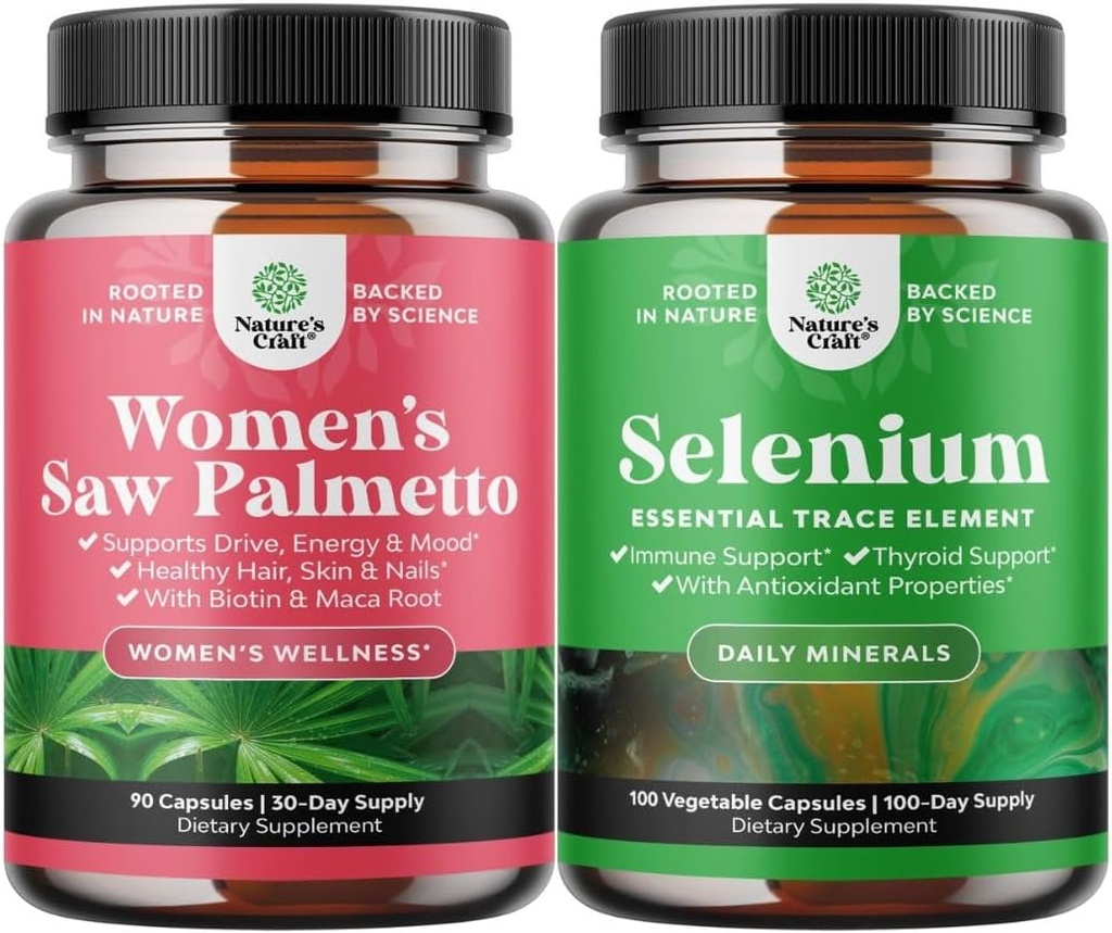 Bundle di Palmetto per le donne e Pure Selenium Thyroid Support Supplemento - DHT Blocker Thickening Hair Vitamins for Hair Loss - Integratore antiossidante e Booster immunitario naturale