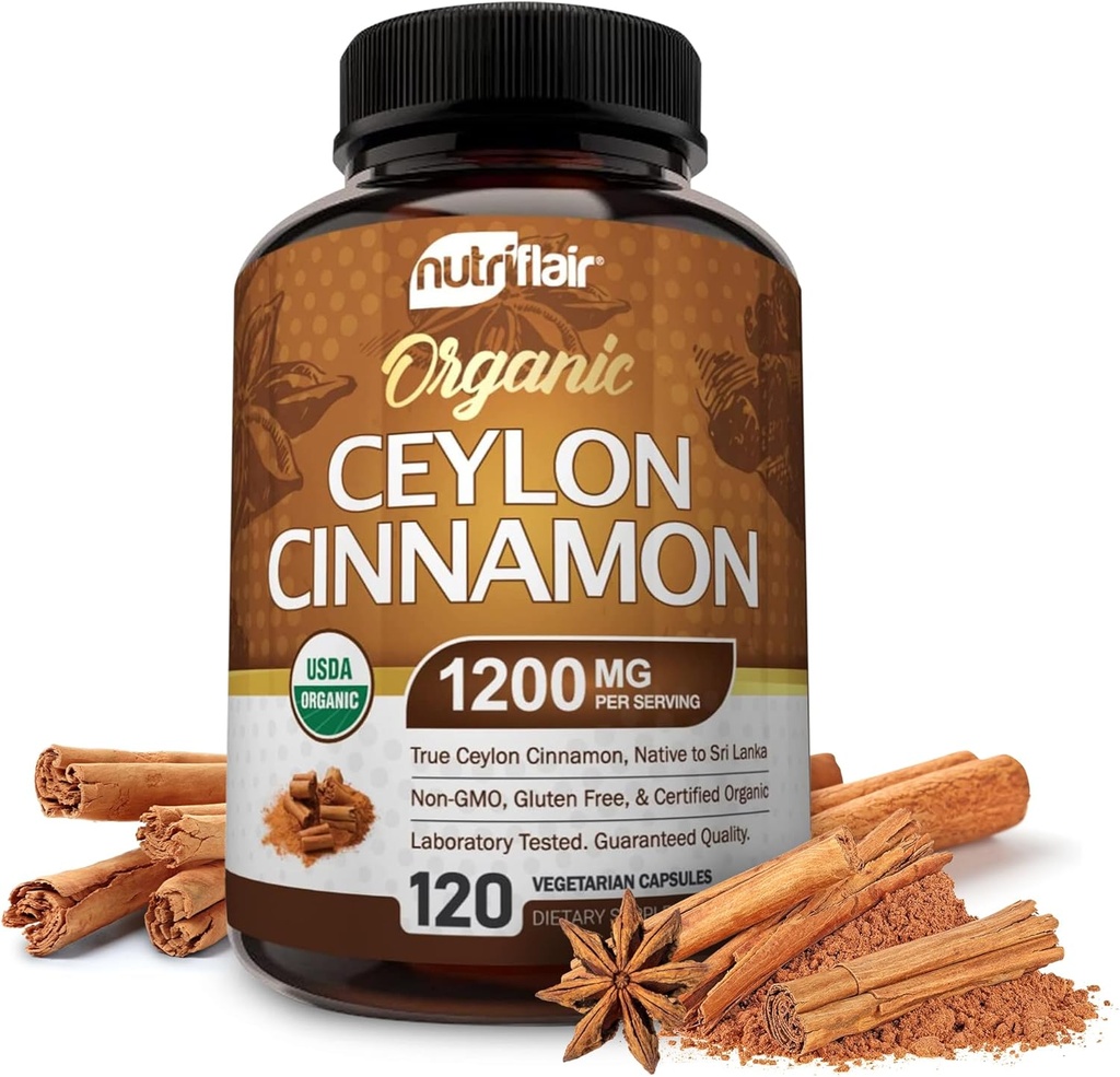 NutriFlair Organic Ceylon Cinnamon Supliment 1200mg, 120 capsule - USDA Certified - non-GMO, Gluten gratuit pulbere, antioxidante pastile