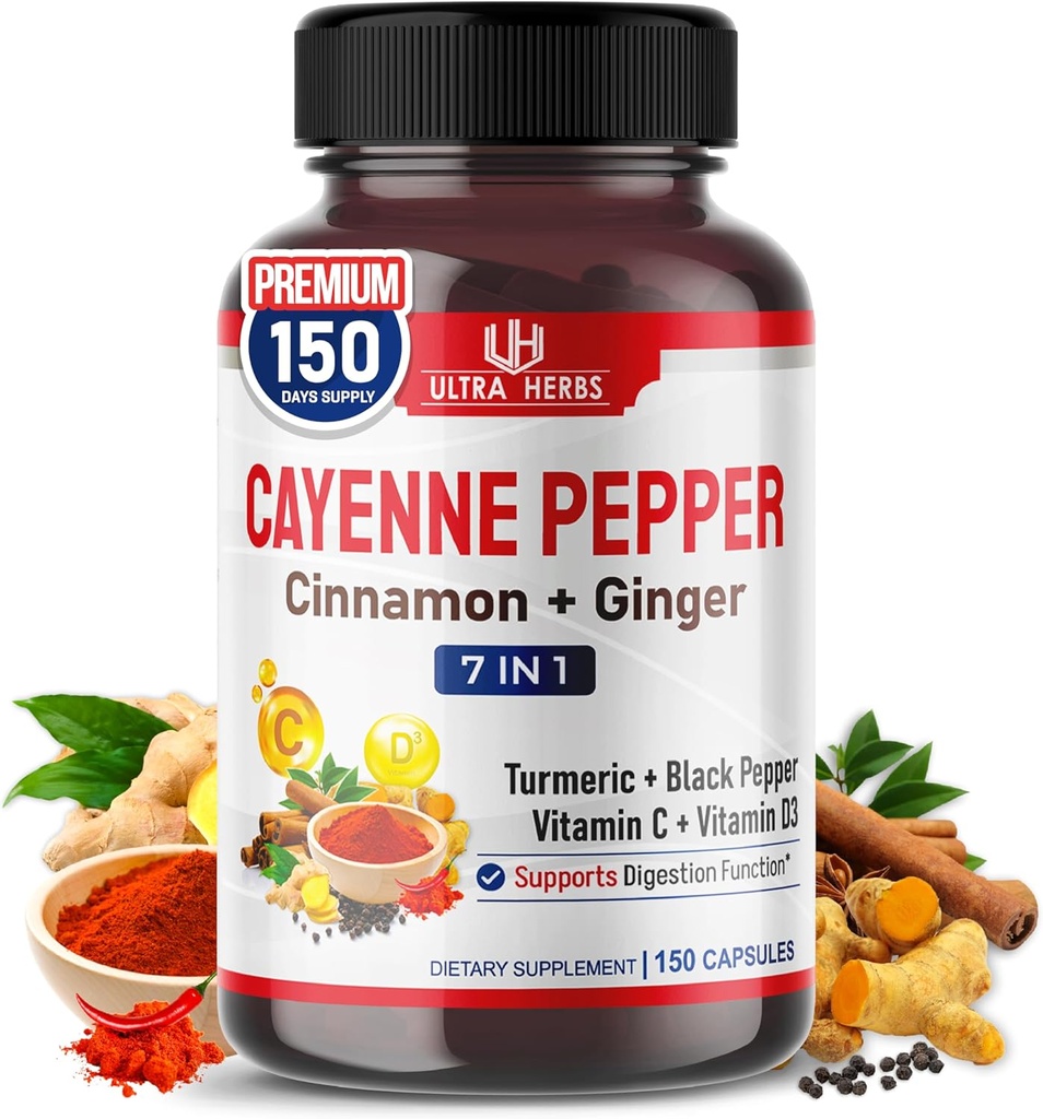 Cayenne Pepper 7 in 1 - - cu ghimbir, Turmeric, Scorțișoară, Pepper Negru - promovează funcția de sistem digestiv (150 de zile de aprovizionare (pachet de 1)
