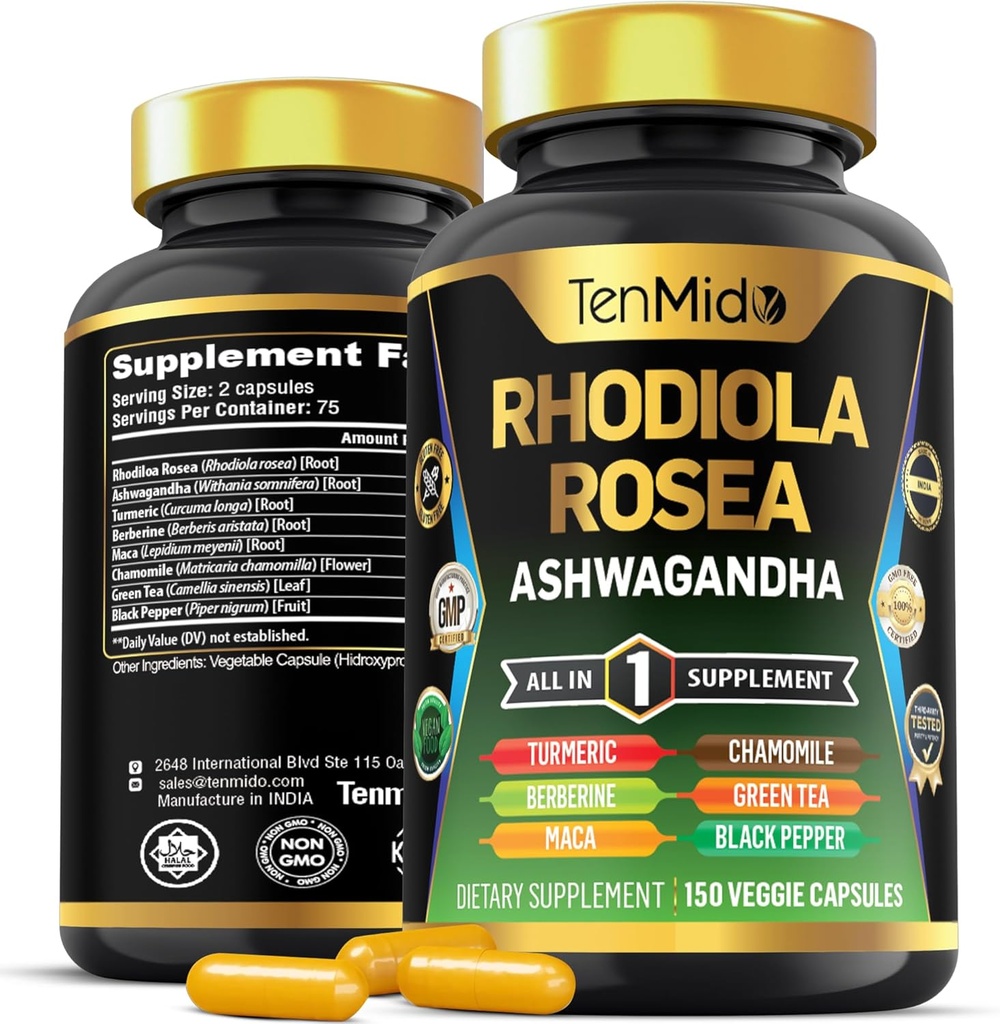 Rhodiola Rosea Supplement - Fórmula 8in1 - Combine com Ashwagandha, Açafrão, Berberine, Maca, Camomila, Chá Verde e Pimenta Negra - Nutriente Rico - 150 Cápsulas Vegan
