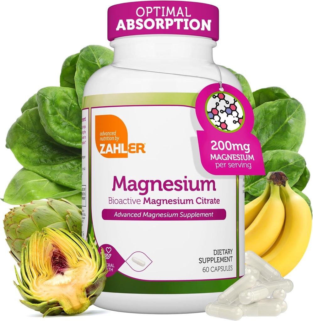 Zahler - Magnesium Supplement Capsules 200 mg (60 greve) Certified Kosher Bioactive Magnesium Citrate för Max Absorption - Naturlig Magnesium Mineral för Män & Kvinnor - Bästa Magnesium Supplements