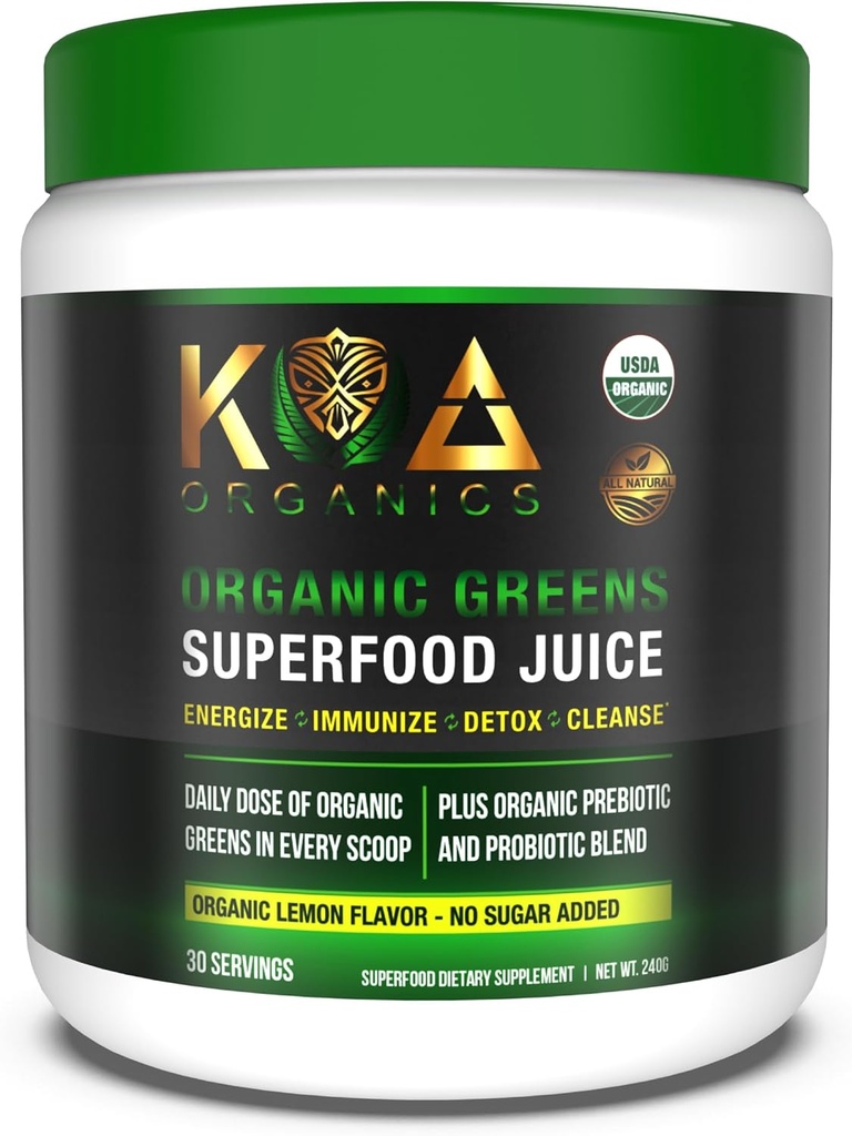 Greens Superfood Juice Powder - USDA Organic Super Greens Powder with Spirulina, Chlorella, Matcha, Wheat Grass, Digestive Enzymes & Probiotics - Lemon Flavor -30 ServQ