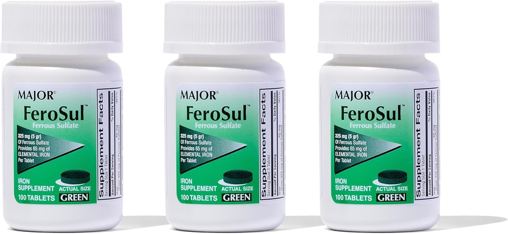 Major Ferosul - Ferrous Sulfate 325 mg tablety so 65 mg elementárneho železa - doplnok železa pre ženy, muži - zelená - 100 tabliet (3 balenia)