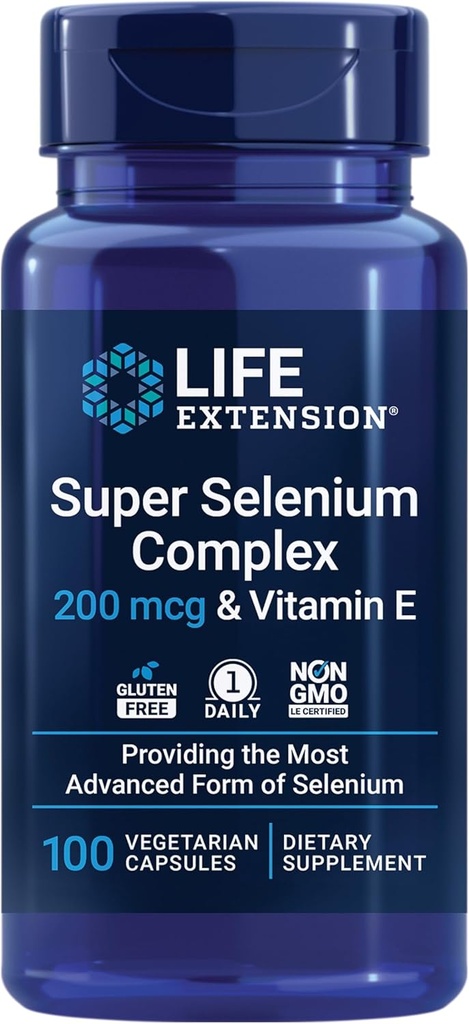 Life Extension Super Selenium Complex, 200 mcg - 3 טפסים של סלניום, ויטמין E - בריאות סלולרית ו-Longevity Support - Gluten-Free, non-GMO, Vegetarian, 1 Daily - 100 קפסולות