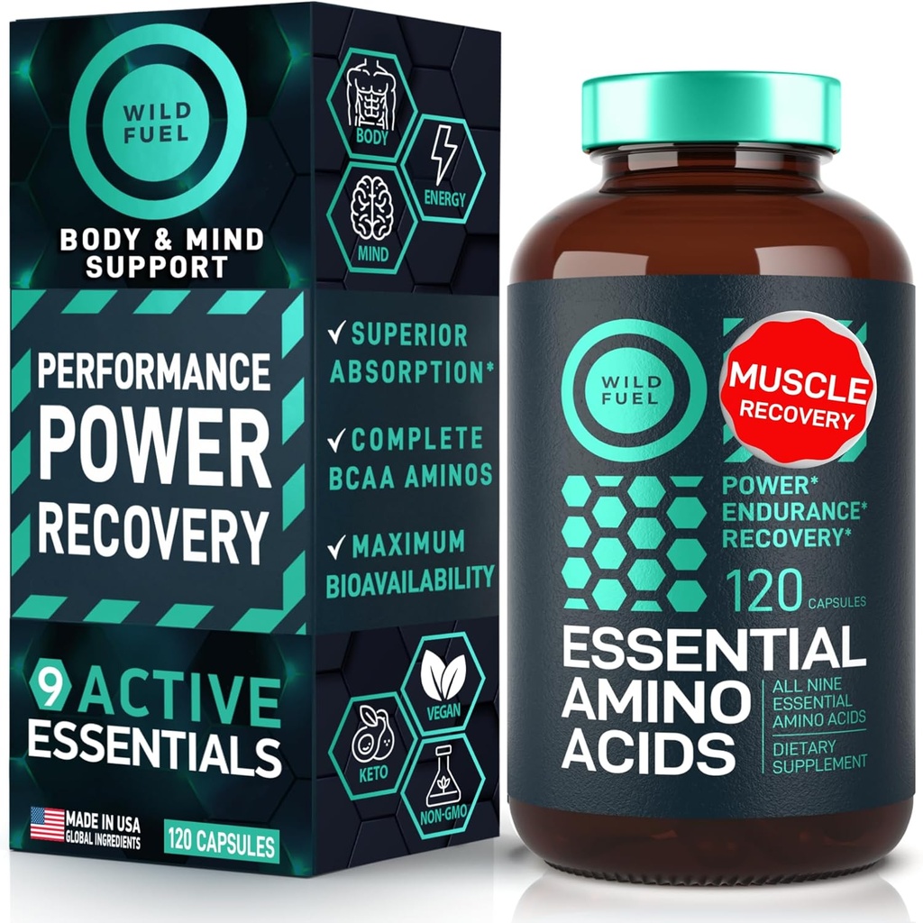 Essential Aminosyror Supplement - Alla 9 EAA med BCAAs Aminosyror (Leucine, Lysine, Valine, Threonine) - 3 000 mg Per Servering - Muskeltillväxt, kraft, återhämtning - 120 Vegan, koffeinfria kapslar