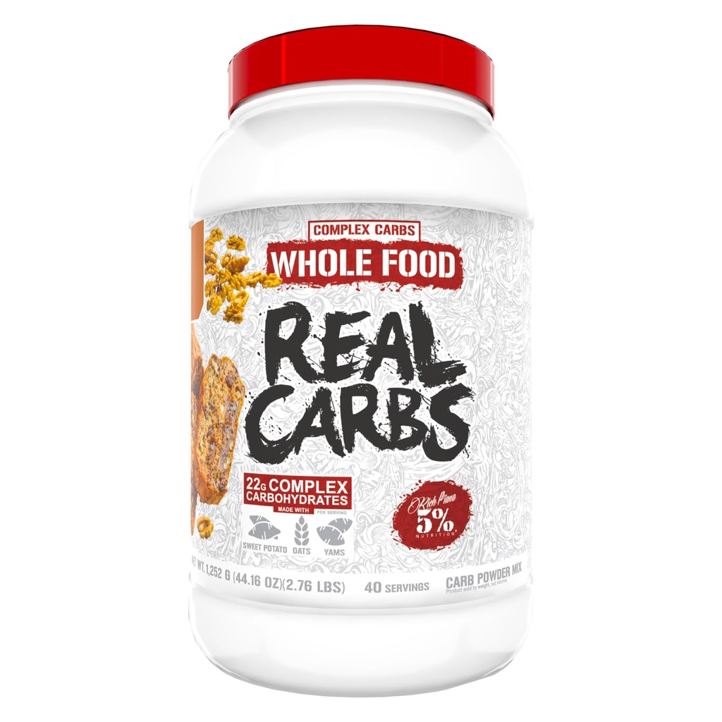 5% Nutrition Rich Piana Real Carbs with Real Food Complex Carb Powder, Long-Lasting Low Glycemic Energy for Pre-Workout/Post-Workout Recovery Meal, 2.7 Lb, 40 Servings (Banana Nut Bread)