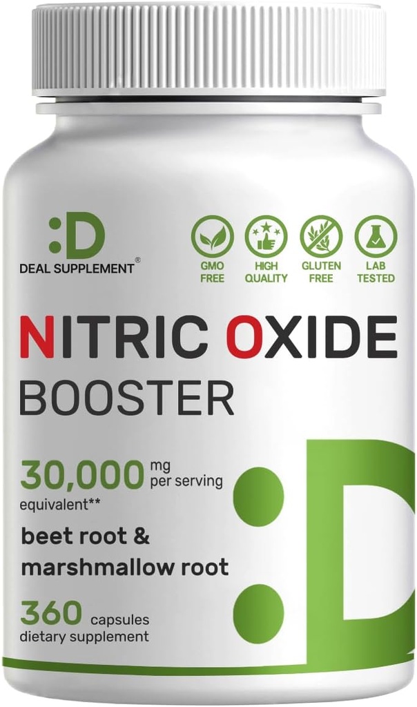 DEAL SUPPLEMENT Nitric Oxide Booster 30,000mg Equivalente, 360 cápsulas – Natural Beet Root & Marshmallow Root Herbal Blend – Promueve Nutrient Flow to Muscles & Heart – Non-GMO