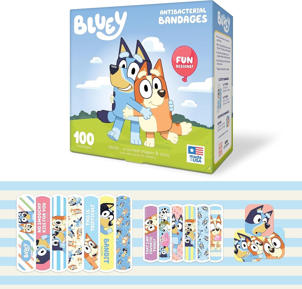 Bluey Kids Bandages, 3 tamaina ezberdin 100 CT | Wear Like Stickers, Flexible Adhesive Bandages for Minor Cuts, Scrapes, and Burns. Opari-ideia bikaina eta gauza sortatzailea