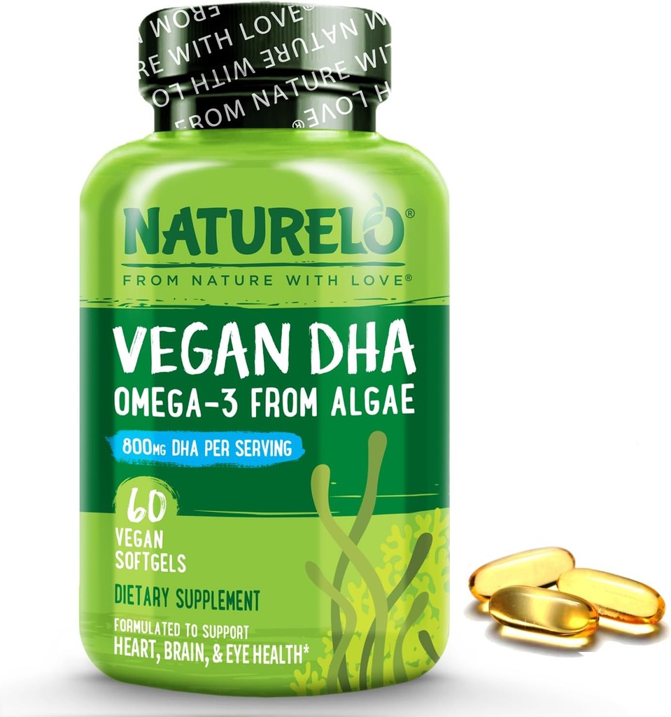 NATURELO Vegan DHA - Omega 3 olio da alghe - Supplemento per cervello, cuore, giunto, salute degli occhi - Fornisce acidi grassi essenziali per le donne, gli uomini e i bambini - Complementi Vitamine prenatali - 60 Softgels