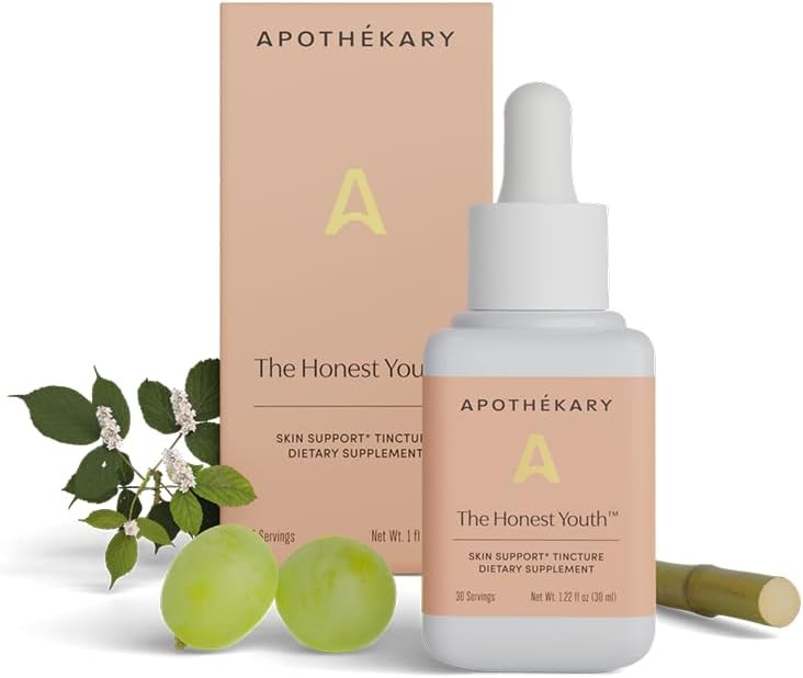Apothékary A juventude honesta, Colágeno Apoio Drops líquido ervas 100% Herbal Saúde da pele, Açúcar, Vegan, Colágeno líquido com Reishi e Tremella Cogumelo - 30 Servimentos - 1.22 fl oz