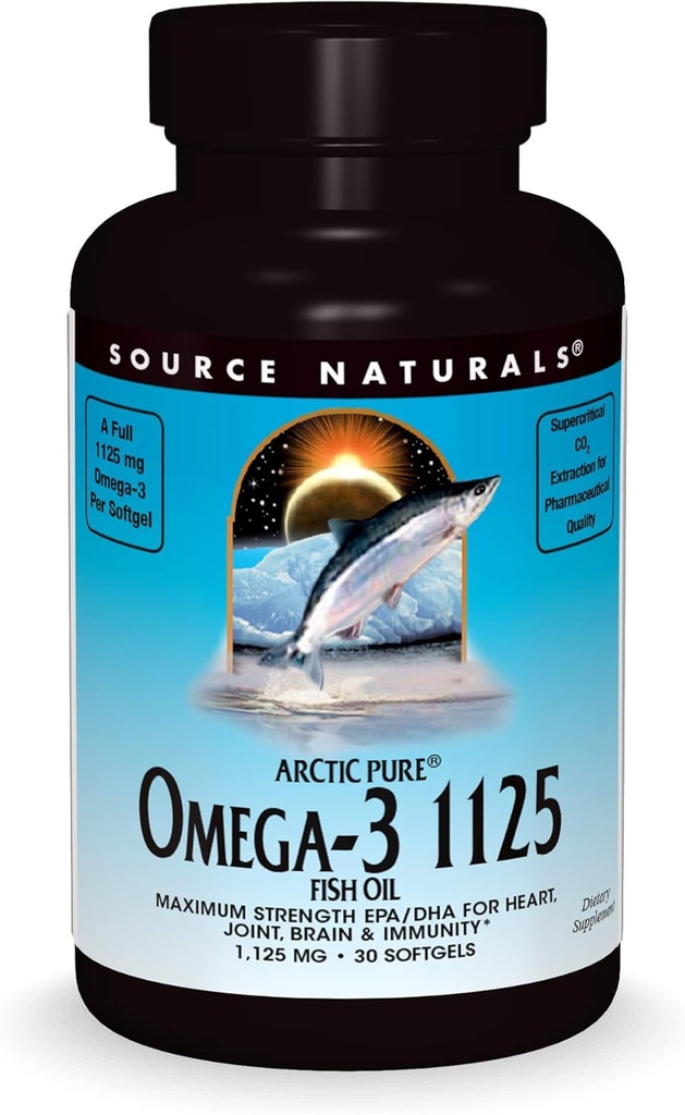 Source Naturals ArcticPure Omega-3 Huile de poisson 1125mg Ultra Potency Maximum Strength EPA + DHA pour la santé cardiaque, articulaire, cérébrale et immunitaire - 30 Softgels