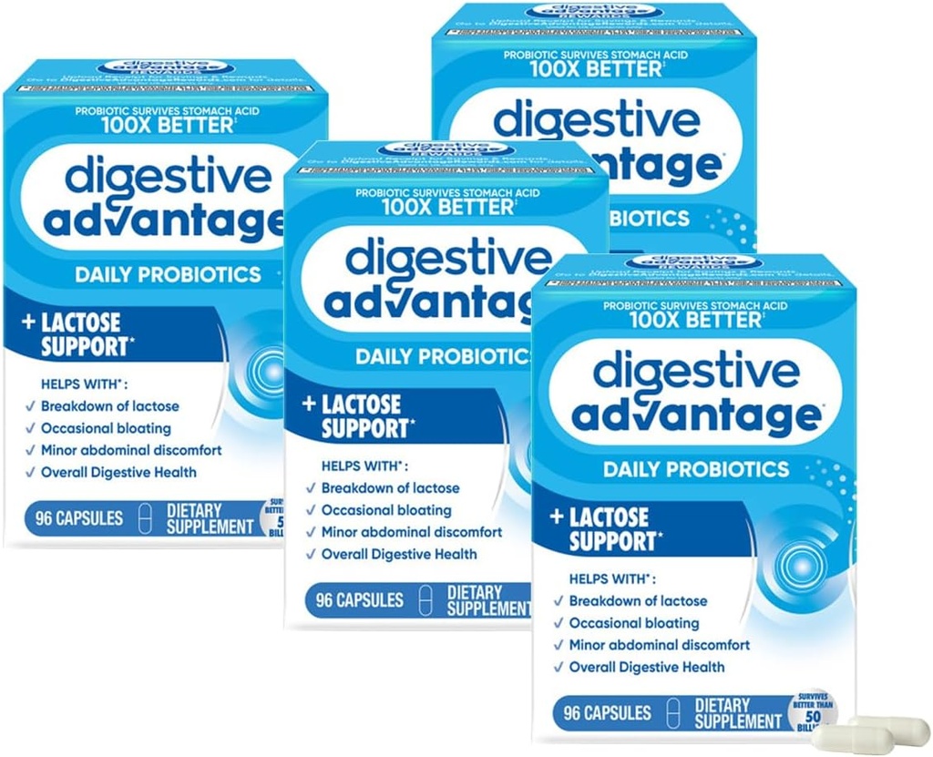 Adaltatge Lactose Enzymes + Probiòtics per a Dones i homes Ocasing Bloing, Lactose Stroden, menor Abdomine Discomt, suport de 96 Compte Capules (4 paquet)