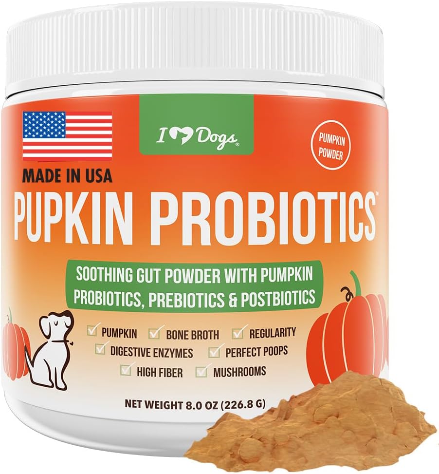iHeartDogs Pupkin Probiotics, Prebiotics, & Postbiotics for Dogs with Pumpkin, Gut Soothing Bone Broth & Mushrooms - 30 Scoops