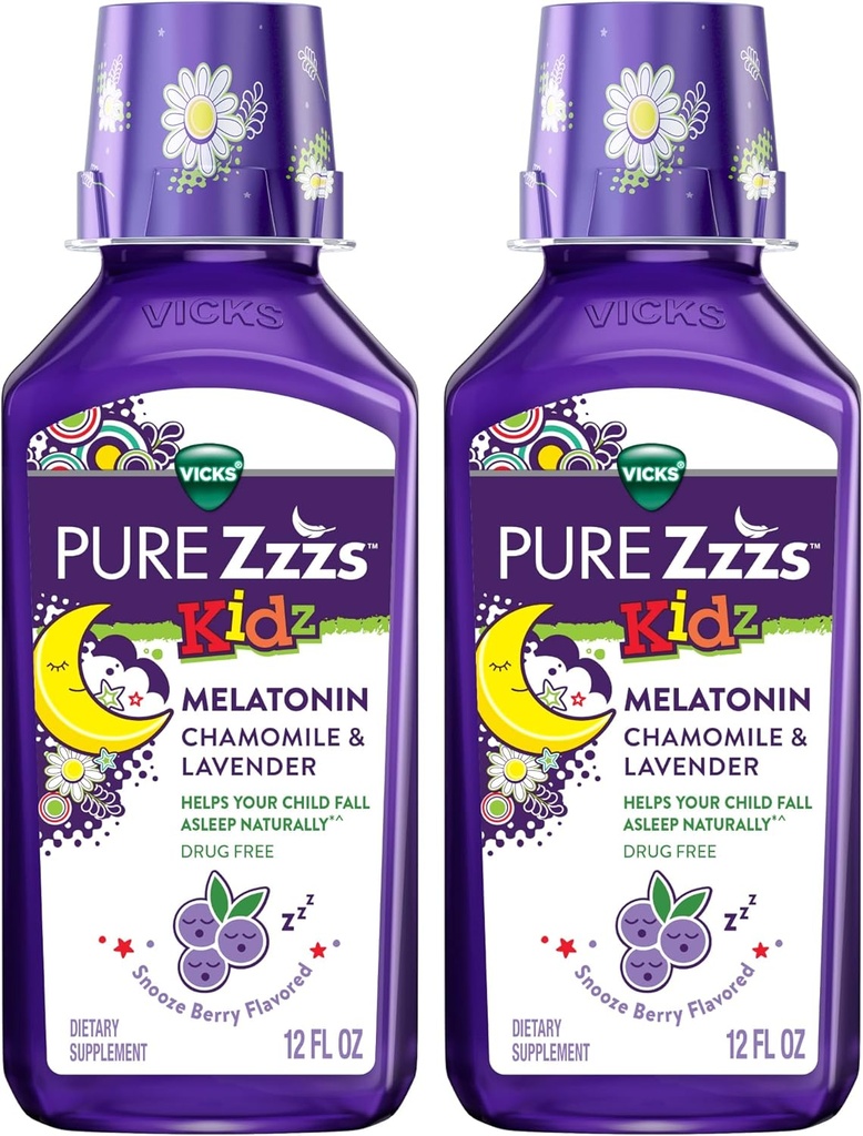 Vicks Pure Zzzs Kidz Melatonin, Kids Melatonin Liquid, Sleep Aid, Drug- Free, Liquid Melatonin 1 mg, with Chamomile & Lavender, Melatonin Sleep Aid for Kids, Snooze Berry Flavoled, 2 Pack, 24 FL OZ