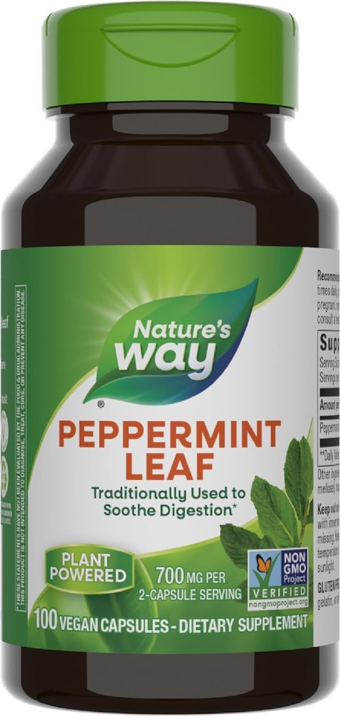 Nature's Way Peppermint Leaf, 传统上用于Soothe Digestion *,700毫克/每2-Capsule service, Peppermint 补充,非GMO项目验证,100 Vegan Capsules (包装 May Vary)