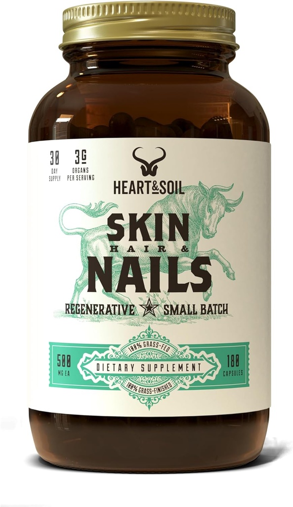 HEART & SOIL – 3000mg Skin, Hair and Nails Support Supplemento con Grass Fed Beef Liver, Bone Marrow, Cartilage, Biotin, Collagen, Vitamine A, Riboflavin, Elastin – 180 Capsule
