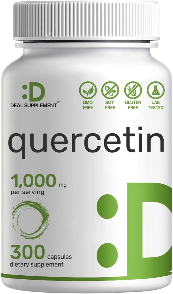 Quercetin 1,000mg zerbitzatu bakoitzeko, 300 kapsulak - Laguntza Inmune Osasuntsuaren Gehigarriak, Flabonoide Bioeragarriak, Antioxidatzaile Naturala - GMO ez, Soy Free, Glutenik ez