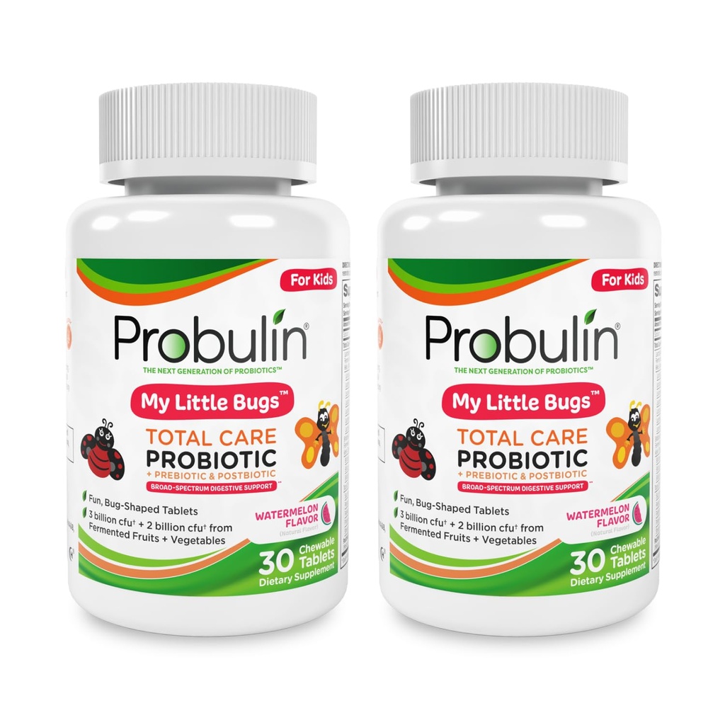 Probulin Total Care My Little Bugs Prebiotics, Probiotics & Postbiotics - 5 Billion CFU - 15 Strains - 30 Chewable Tablets (Twin Pack)