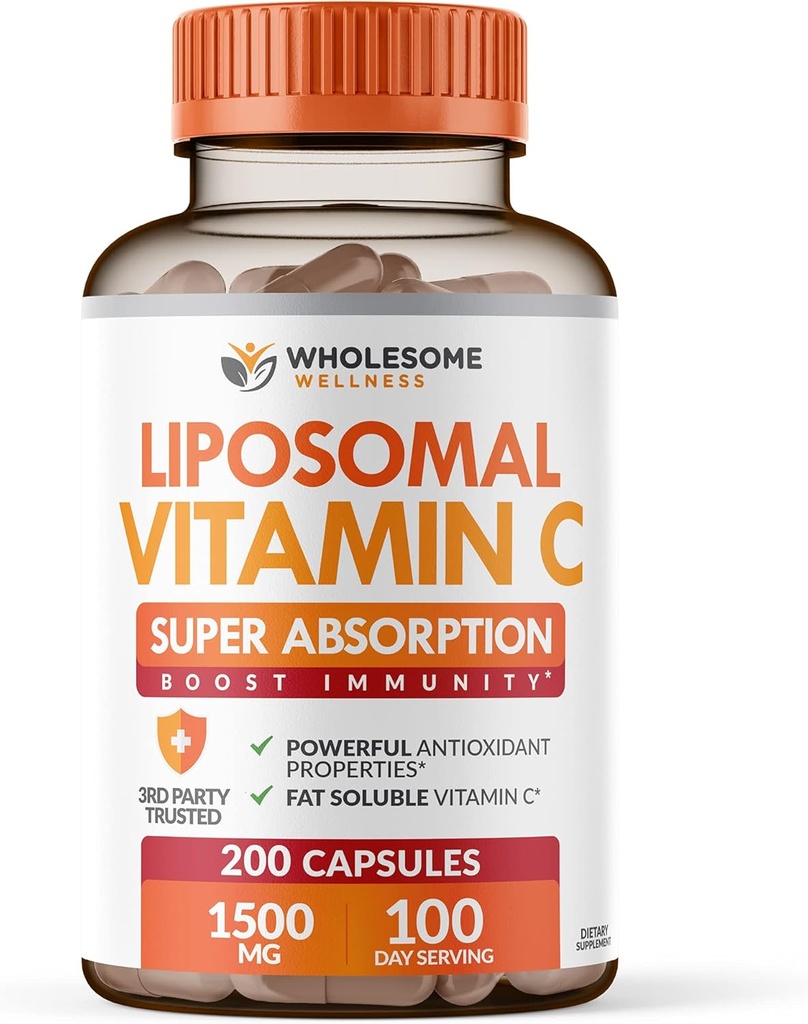 Zdravé Wellness Liposomální vitamín C Kapsle (200 pilulky 1500mg pufrované) Vysoká absorpce, imunitní systém & kolagen Booster, Vysoká dávka tuku Soluble Imunity Support Ascorbic Acid, Přírodní Vegan