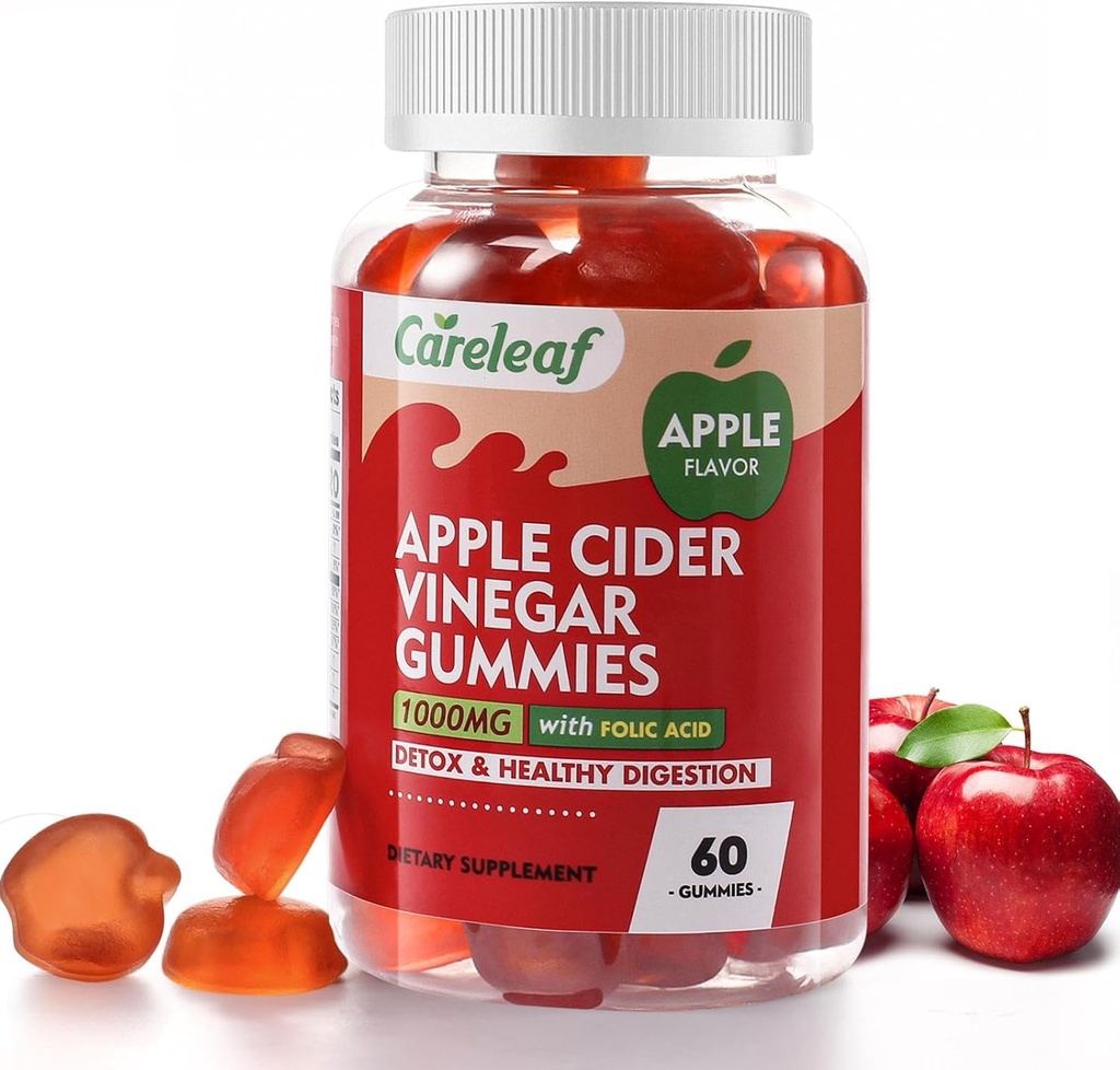 Apfel Apfelessig Gummi 60 Zähler 1000mg AVC mit Vitamin B6 Vitamin B12 für Stoffwechsel, Verdauung, Detox, Gut & Immune Gesundheit