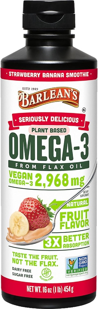 Barlean's Vegan Omega 3 6 9 Linsēklu eļļa Šķidruma papildinājums, zemeņu Banana Smoothie, Linu sēklu eļļa ar 2,968 mg ALA Taukskābju, ne-GMO un bez glutēna, 16 oz