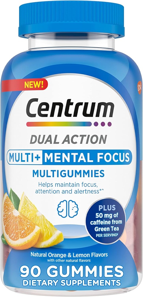 Centrum MultiGummies Multi+ double action Mental Focus Multivitamine adulte avec caféine du thé vert, soutient la concentration mentale, l'attention et l'alerte, Lemon/Orange Saveurs - 90 Comte