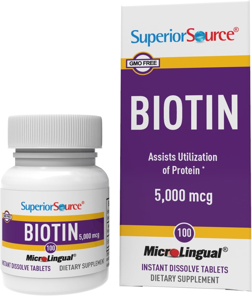 Sursa superioară Biotin 5000 mcg. Sub tongue rapid dizolva comprimate microlinguale, 100 Conte, Sprijină părul sănătos, piele, și creșterea unghiilor, ajută la susținerea metabolismului energetic, non-GMO