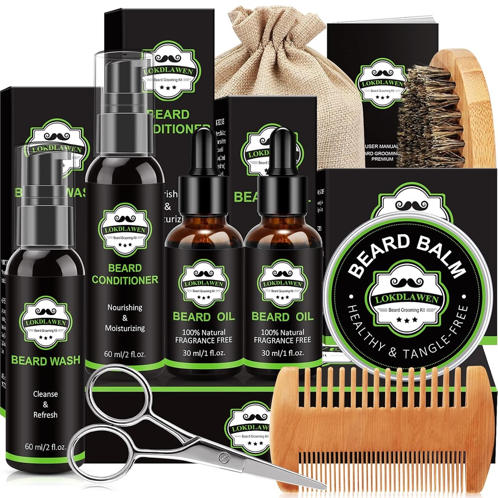 Beard Kit pro muže s Vousy Wash, Vousy Conditioner, Vousy Oil, Vousy Balzám, kartáč, Comb, Nůžky, Skladovací pytel, dárky pro muže Táta Manžel Přítel