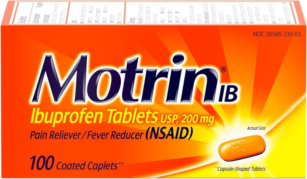 Motrin IB, Ibuprofen 200 mg tabletta, fájdalom enyhítő és láz csökkentő izmok, fejfájás, hátfájás, menstruációs görcsök és kisebb ízületi fájdalmak, NSAID, 100 Ct