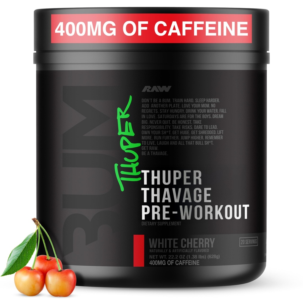 RAW Thuper Thavage Pre Workout Powder - High-Stim Preworkout with Creatine, Beta Alanine, L-Citrulline & Caffeine - Chris Bumstead Gym & Fitness Supplement for Men & Women - White Cherry