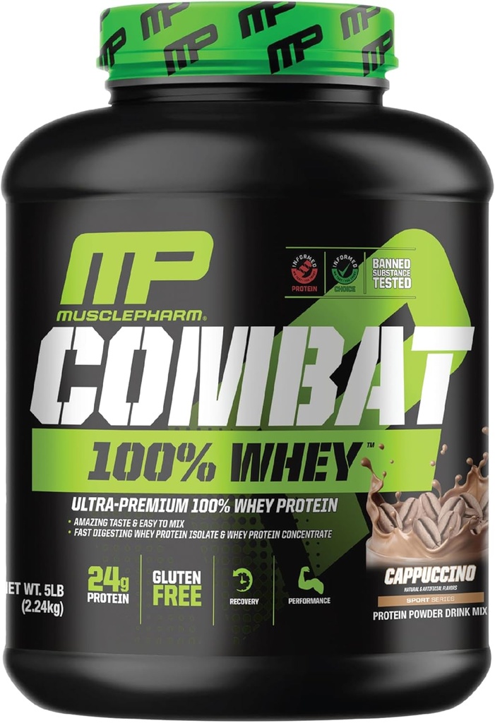 MusclePharm Combat 100% Whey Protein Powder, Cappuccino Flavor, rask gjenoppretting og muskel gevinst med Whey Protein Isolate, høyprotein pulver for kvinner og menn, Glutenfri, 5 lb, 70 Services