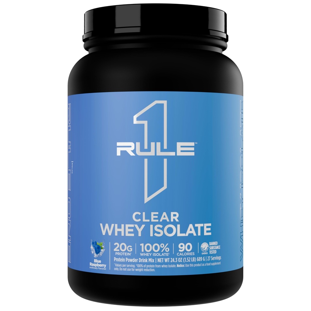 Rule 1 Proteins Clear Whey Isolate - 20g All-Whey Isolate Protein Mix, Over 9g EAAs, 90 Calories, Zero Sugar, Easy to Digest, Light, Crisp, and Refreshing Taste (27 Servings, Blue Raspberry)