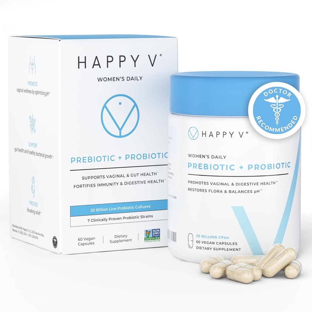 Feliçs V. Bany Vaginal Probiòtics per a Dones Odo i Itch, Suport Urinary i Gut Sanitat, pH Dones Daily Probiòtics amb Prebiotics i Lactambàllus per a Feminina Wells
