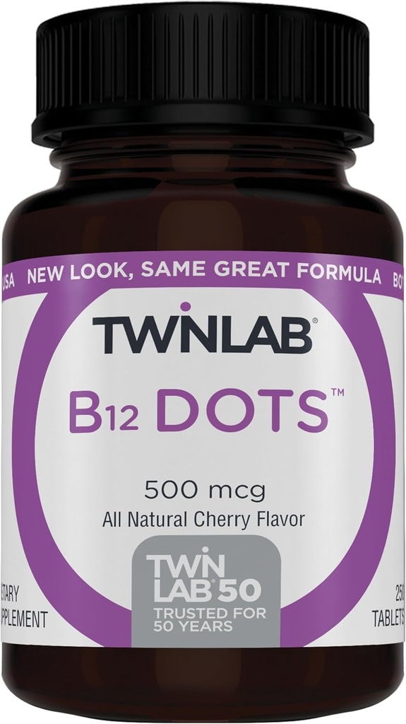 Twinlab B- 12 Dots - Energijos gamybos paramos papildai su vitaminu B12- 500 µg, 250 tablečių