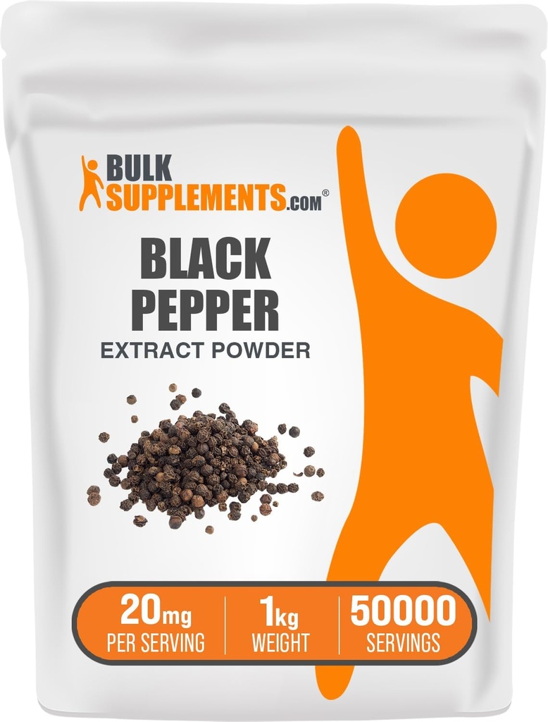BulkSupplements.com Black Pepper Extract Powder - Black Pepper Supplements, Piperine Supplements - Vegan & Gluten Free, 20mg per Serving, 1kg (2.2 lbs) (Pack of 1)